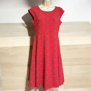 EBZA Red Disty Floral Feminine Capped Sleeve A-Line Midi Length Dress